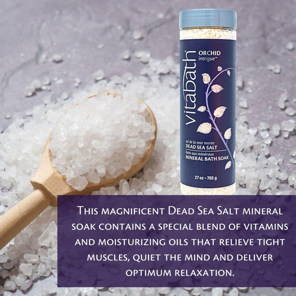 Dead Sea Salt by Vitabath Orchid Intrigue in a 27 oz jar, natural mineral-rich bath salt with floral scent, from Pasteur Pharmacy.