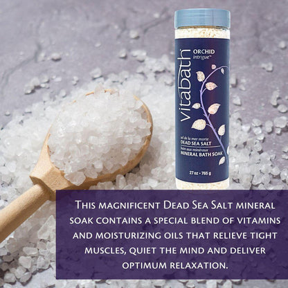 Dead Sea Salt by Vitabath Orchid Intrigue in a 27 oz jar, natural mineral-rich bath salt with floral scent, from Pasteur Pharmacy.