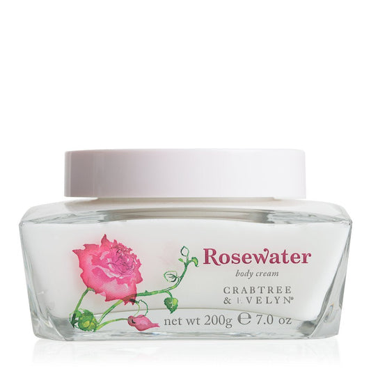 Decorative jar of Crabtree & Evelyn Rose Water Body Cream in 200g container, with floral design on the jar.