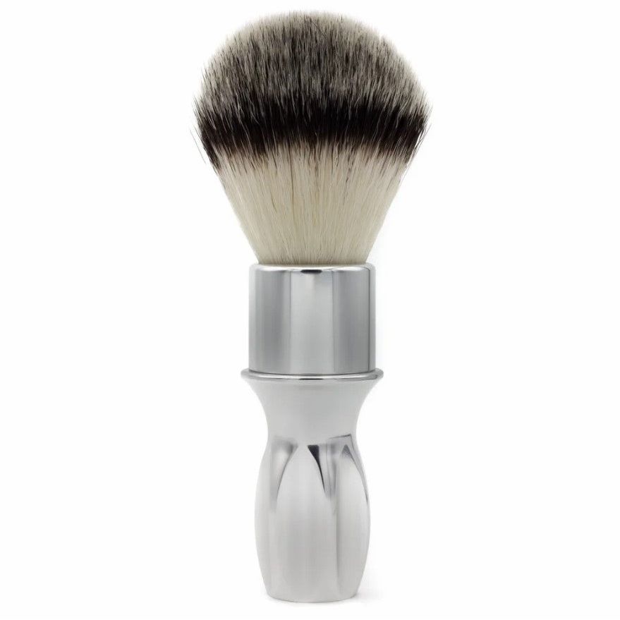 Alpha Brush & Shaving Co. T-400 Silver 24mm shaving brush with silver handle and dense bristles, ideal for wet shaving.