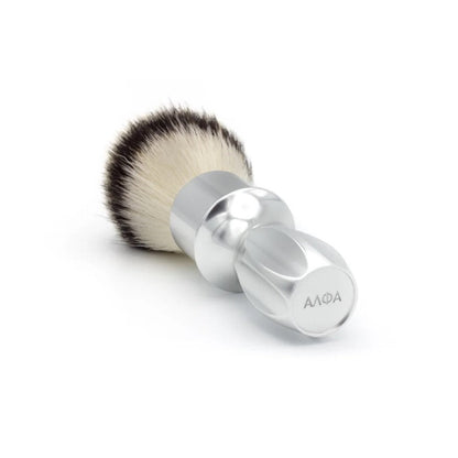 Alpha Brush & Shaving Co. T-400 Silver 24mm shaving brush with dense bristles and sleek silver handle, suitable for traditional shaving.