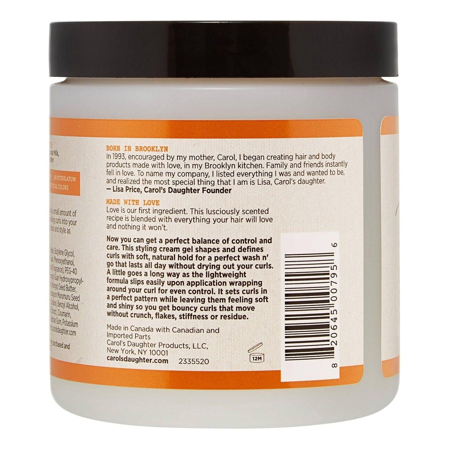 Carol's Daughter Curl Shaping Cream Gel in 16 oz jar, creamy texture, designed for defining and shaping natural curls.