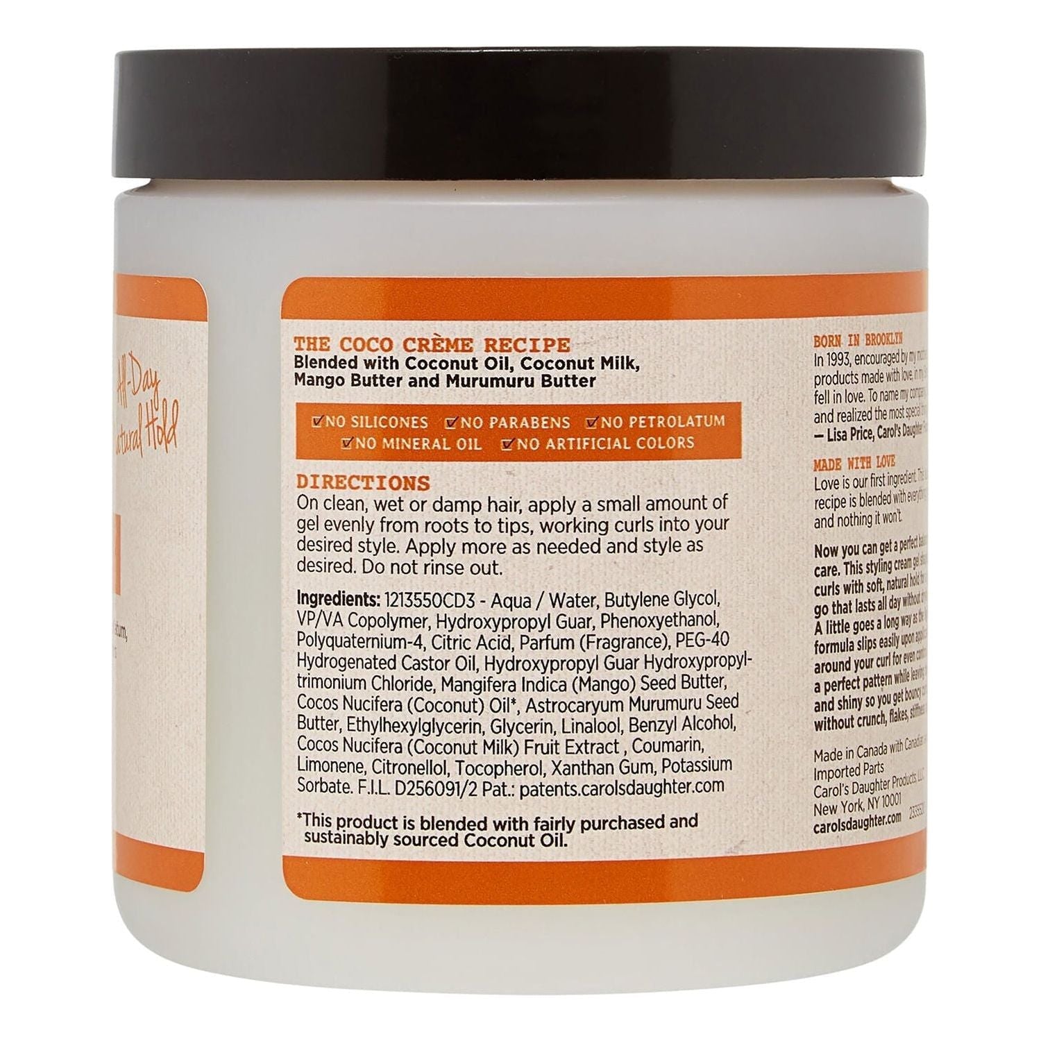 Carol's Daughter Curl Shaping Cream Gel in a 16 oz jar, showcasing the product's packaging and creamy texture for curly hair styling