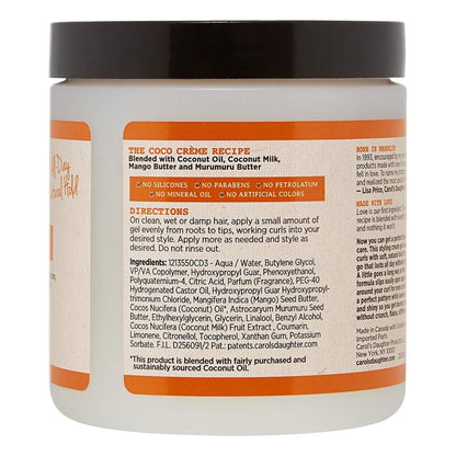 Carol's Daughter Curl Shaping Cream Gel in a 16 oz jar, showcasing the product's packaging and creamy texture for curly hair styling