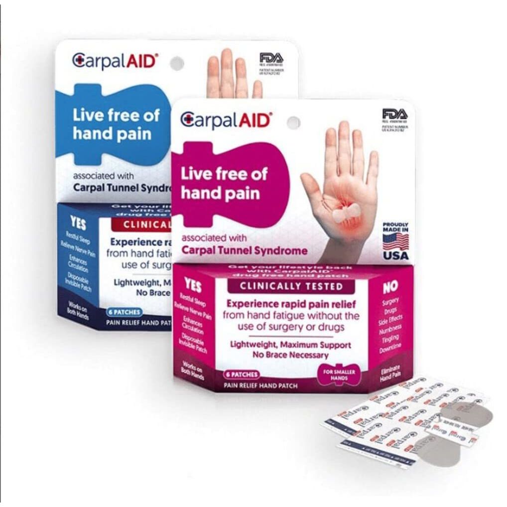 CarpalAid Pain Relief Hand Patches by Pasteur Pharmacy, 6 elastic patches for larger hands, designed for wrist and hand support.