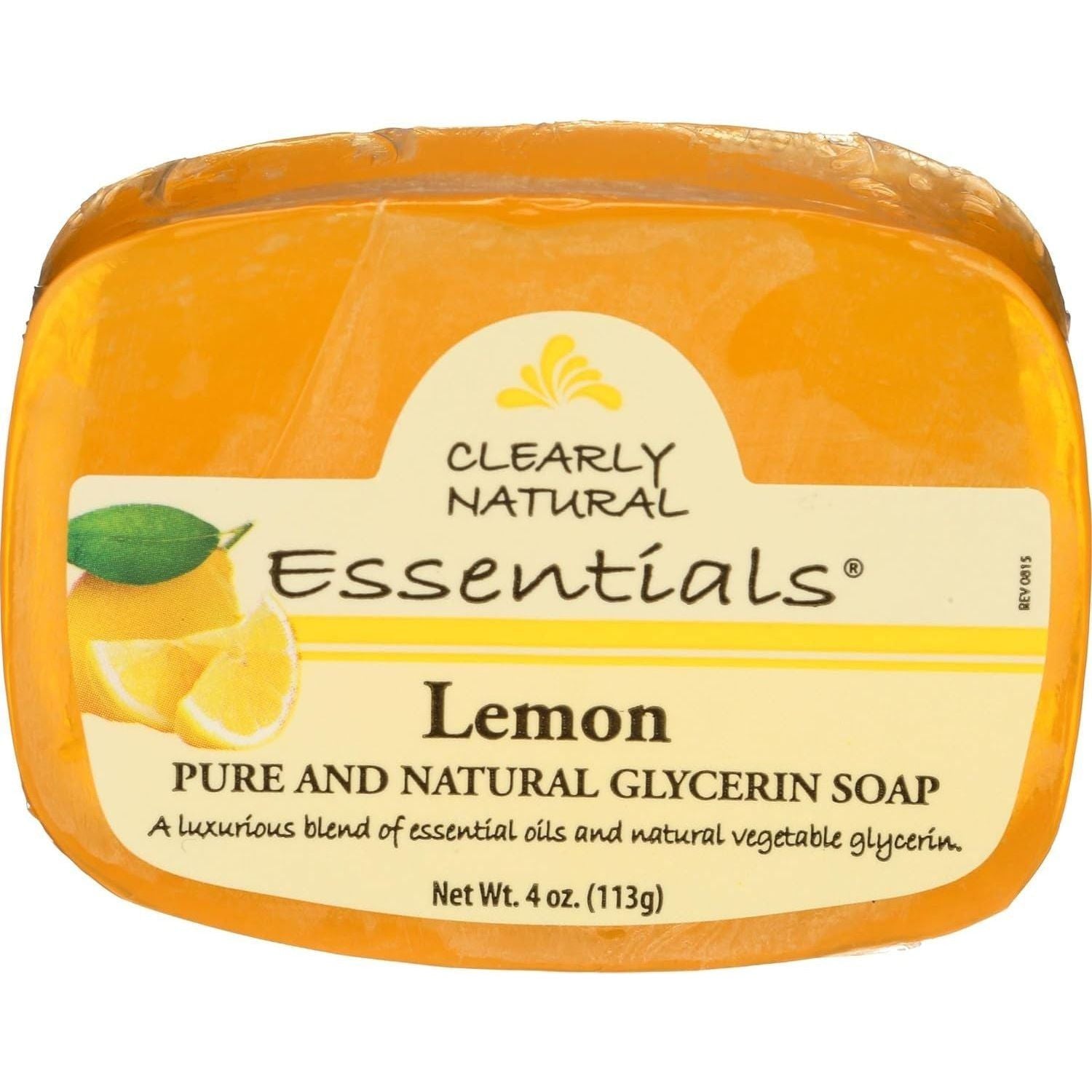 Clear Natural Essentials Lemon Glycerin Soap 4 oz bar, with bright yellow lemon scent and transparent glycerin texture.