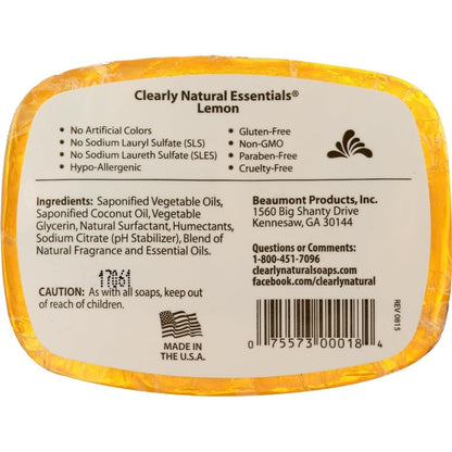 Clear Natural Essentials Lemon Glycerin Soap 4 oz bar with bright lemon scent and transparent glycerin formula, displayed on a white background.
