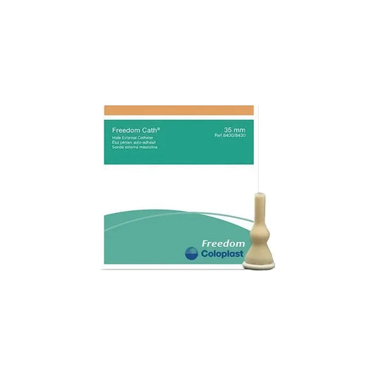 Coloplast Freedom Cath 8400 male external latex catheter with self-adhesive seal, large size, designed for secure fit and comfort.