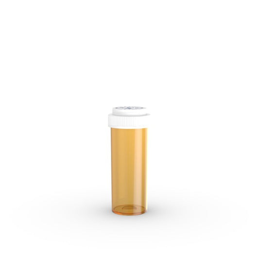 Amber Colorsafe RC Vials with caps, 16 dram size, used for laboratory and pharmacy storage, by Pasteur Pharmacy.