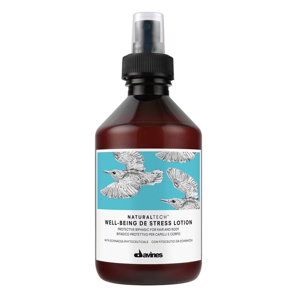 Davines Natural Tech Well Being De-Stress Lotion 250ml bottle, featuring a sleek design for hair and scalp care.