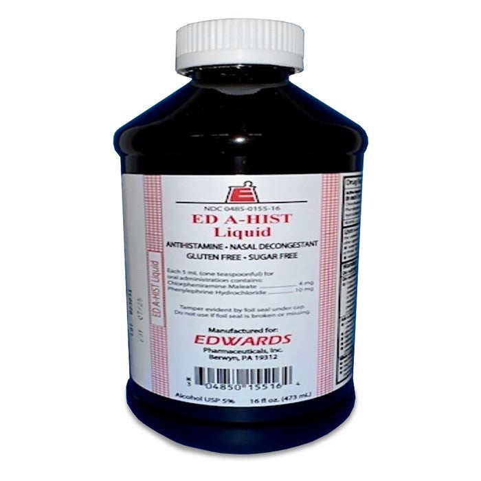 Bottle of Ed A-hist liquid supplement, 473 ml, from Pasteur Pharmacy, showing the clear container with label and cap.