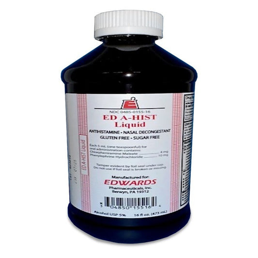 Bottle of Ed A-hist liquid supplement, 473 ml, from Pasteur Pharmacy, showing the clear container with label and cap.