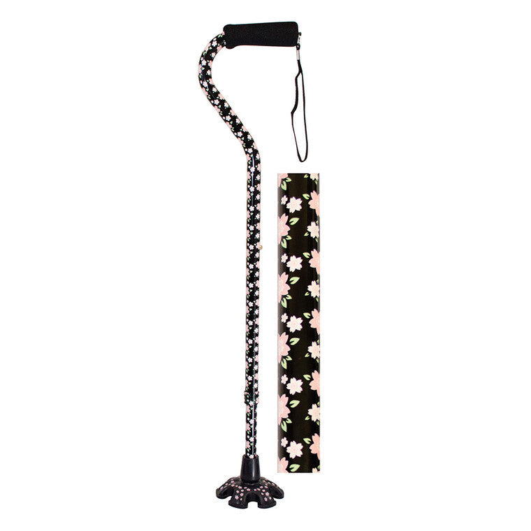 Pink floral Couture offset cane with matching standing tip from Essential Medical Supply, designed for stylish support and stability.