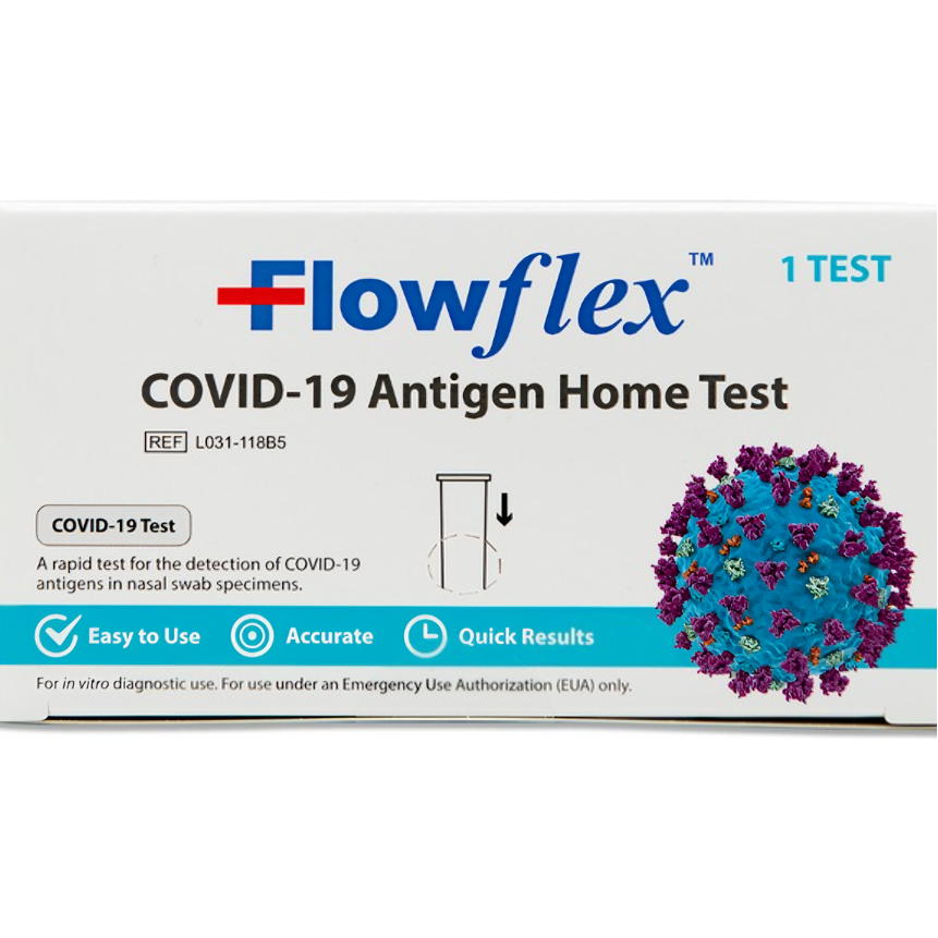 Flowflex Covid-19 Antigen Home Test kit by Pasteur Pharmacy, showing the test device and packaging for at-home COVID-19 testing.