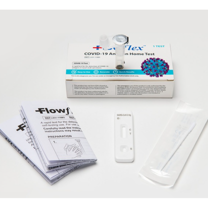 Flowflex Covid-19 Antigen Home Test kit from Pasteur Pharmacy with nasal swab and testing components.