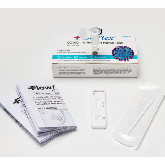 Flowflex Covid-19 Antigen Home Test kit from Pasteur Pharmacy with nasal swab and testing components.