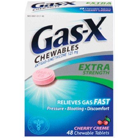 Gas-X Extra Strength chewable tablets with cherry creme flavor, shown in blister packaging by Pasteur Pharmacy.