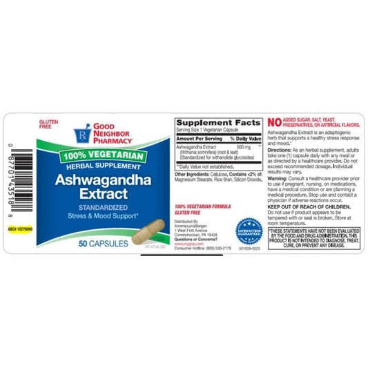 Good Neighbor Pharmacy Ashwagandha Extract 500mg capsules, dietary supplement in a bottle, 50-count for stress support.