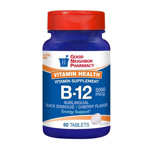 Bottle of Good Neighbor Pharmacy B12 5000mcg quick dissolve tablets by Pasteur Pharmacy, 60-count container with tablets visible.
