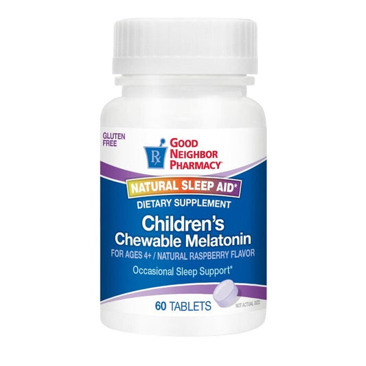 Children's chewable melatonin raspberry tablets by Pasteur Pharmacy in a 60-count bottle, designed for kids' sleep support.
