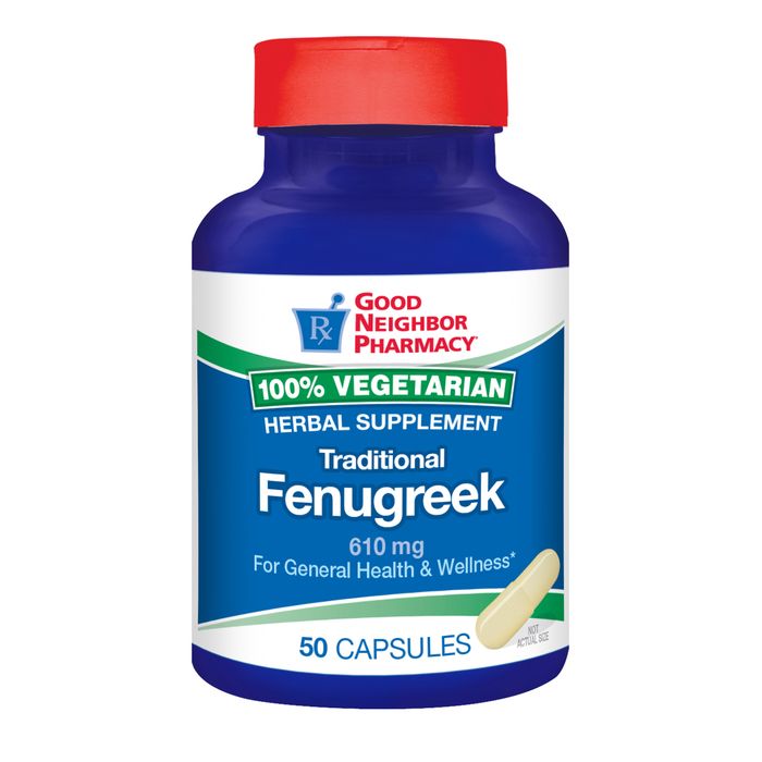 Pasteur Pharmacy Good Neighbor Pharmacy Fenugreek 610mg capsules, 50 count, shown in a clear image of the supplement bottle.