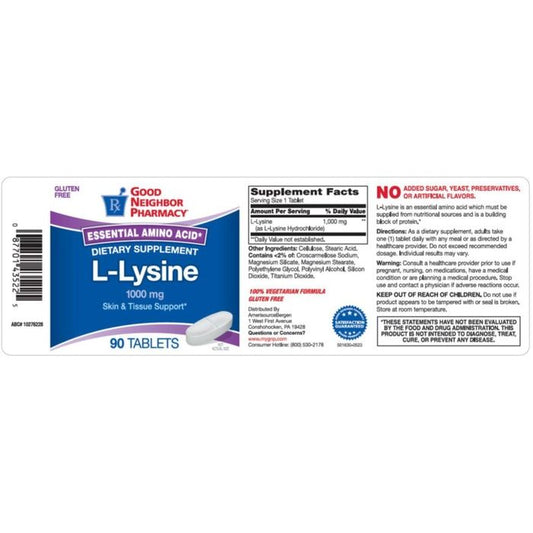 Good Neighbor Pharmacy L-Lysine 1000mg tablets in a bottle, 90 count, dietary supplement for immune support and cold sore relief