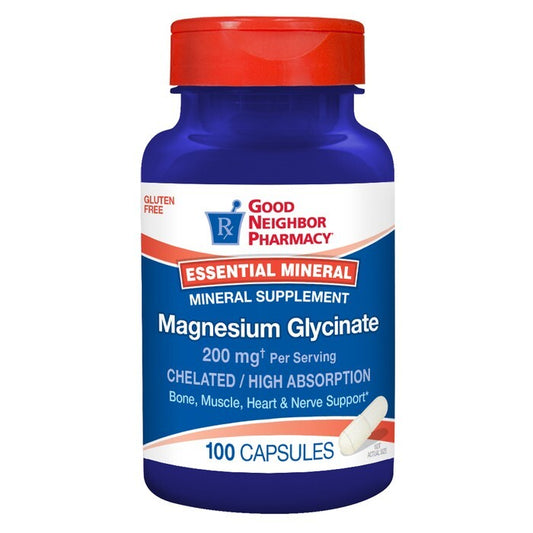 Bottle of Pasteur Pharmacy Good Neighbor Magnesium Glycinate 200mg capsules, 100 count, with label showing capsules and brand name.