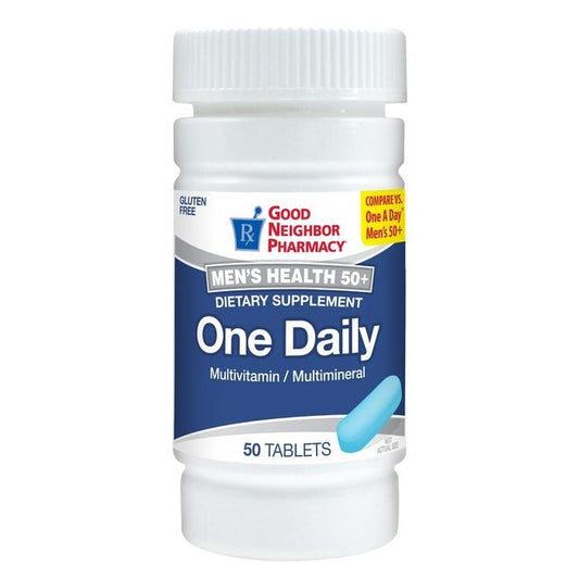 Good Neighbor Pharmacy One Daily Men’s 50+ tablets in a 50-count bottle, supplement for men's health from Pasteur Pharmacy.
