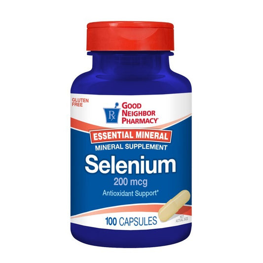 Bottle of Good Neighbor Pharmacy Selenium 200mcg capsules by Pasteur Pharmacy, 100-count container.