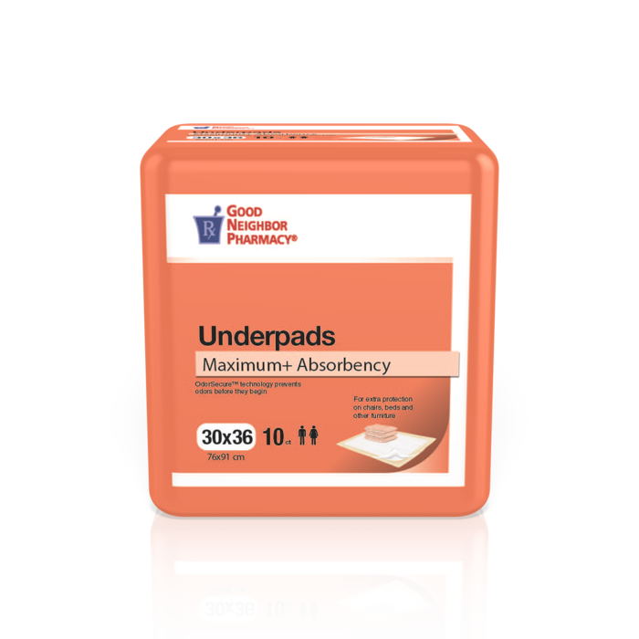 Good Neighbor Pharmacy maximum absorbency underpads, 30x36 inches, 10-count, designed for bed or chair protection.