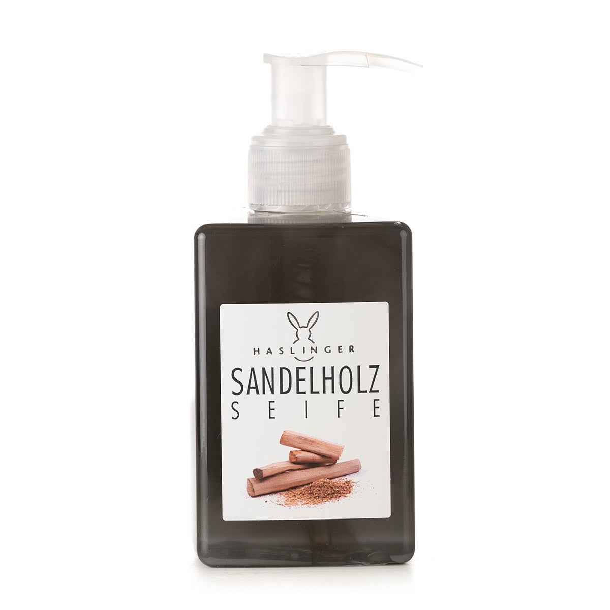 Haslinger Sandelholz liquid soap from Pasteur Pharmacy in a 250 ml bottle, featuring a clear bottle and Sandelholz scent.