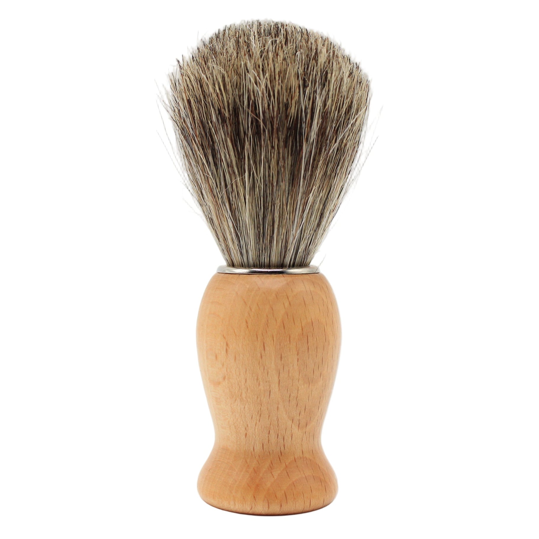 Il Ceppo light wood handle pure badger bristle shave brush by Pasteur Pharmacy, showing the brush with a wooden handle and dense bristles.