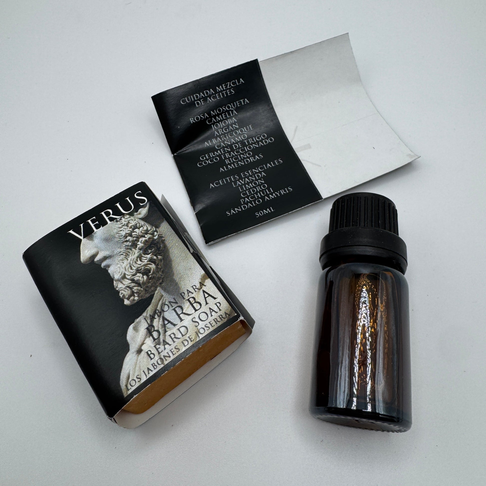 Los Jabones de Joserra beard soap and oil travel kit with 3.5oz bottles, featuring natural ingredients and masculine packaging.