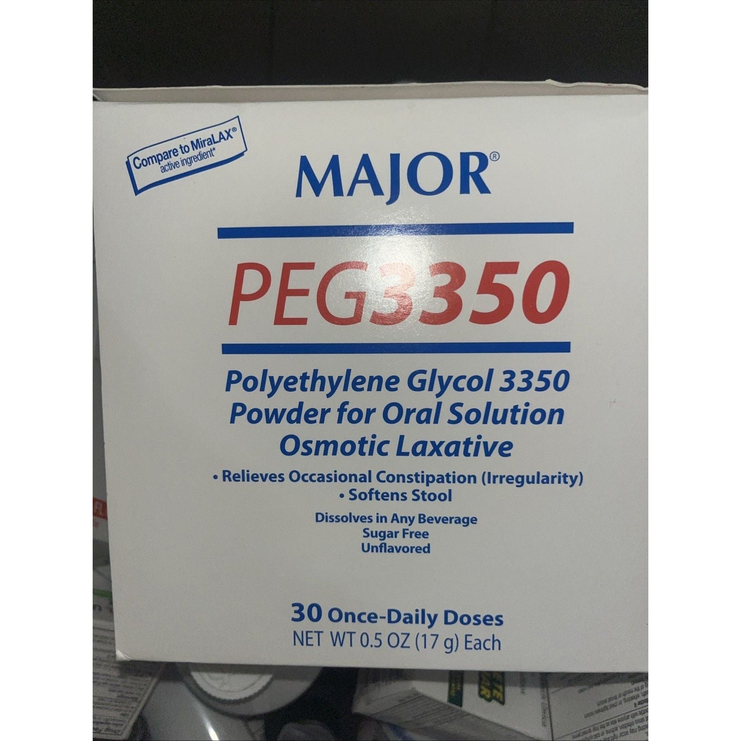 Major Polyethylene Glycol 3350 powder laxative by Pasteur Pharmacy displayed in a clear package on a white background.