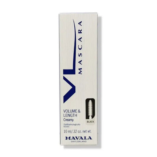Mavala VL Mascara Ultimate Volume and Length 10ml bottle with black mascara brush and packaging, showcasing the product.
