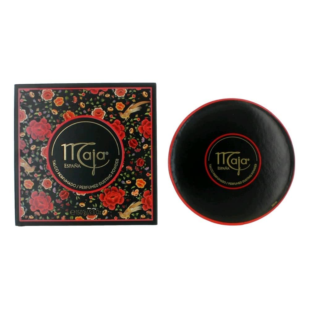 Myrurgia Maja dusting powder in a 5.2-ounce container, featuring a vintage-style label and packaging.
