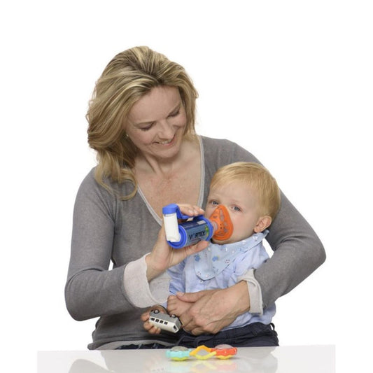 Baby Vortex Spacer Inhaler from Pasteur Pharmacy, showing the Pari Espaciador Vortex designed for infants.