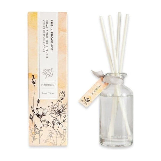 Pre de Provence Persimmon Home Ambiance Diffuser in a 3 oz bottle, showcasing the elegant packaging and diffuser reeds.