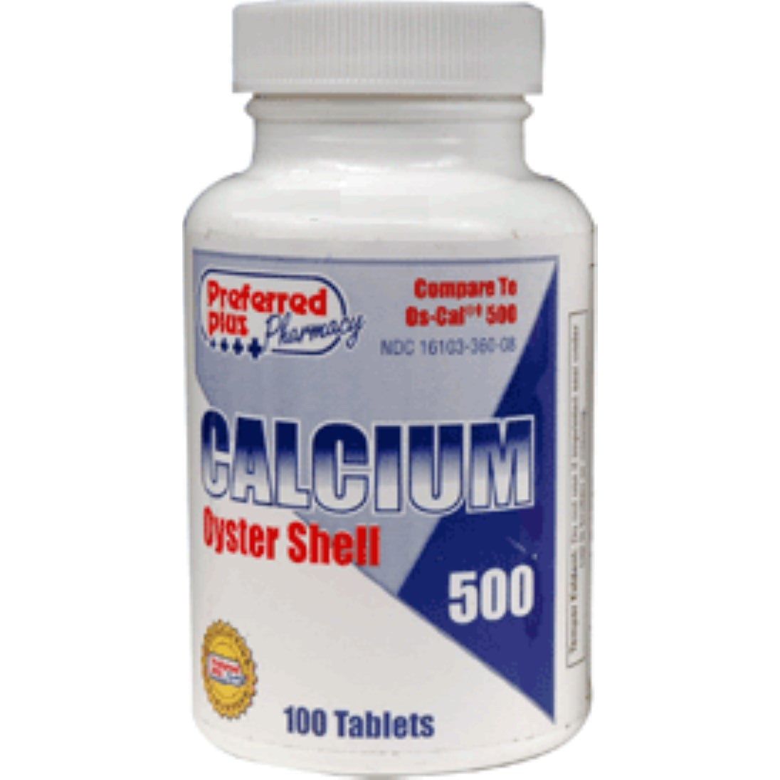 Preferred Plus 4 Pack calcium tablets with 500 mg from Pasteur Pharmacy, featuring oyster shell calcium supplement.