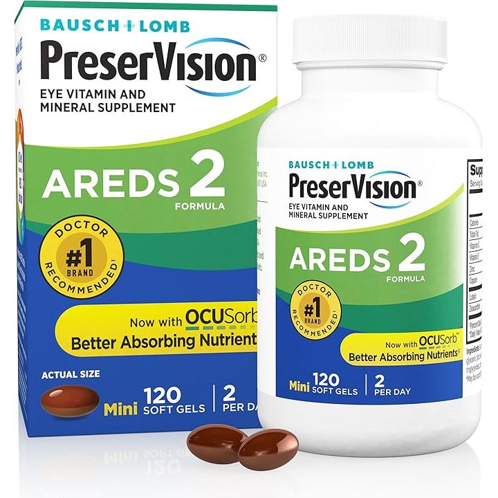 Bottle of Preservision Areds Un 8 dietary supplement by Pasteur Pharmacy, featuring the product label and container.