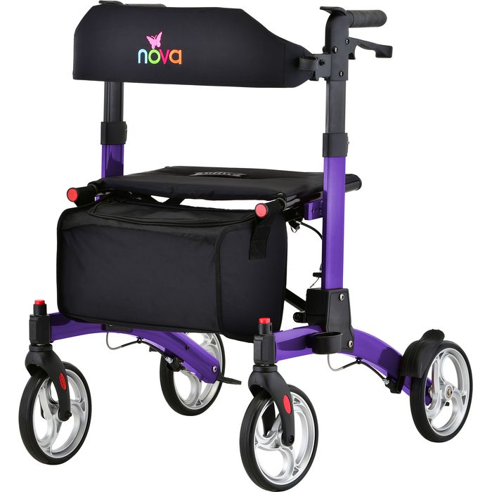 Purple Monarch Rollator by Nova DS with adjustable handles and sturdy frame for mobility assistance.