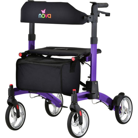 Purple Monarch Rollator by Nova DS with adjustable handles and sturdy frame for mobility assistance.