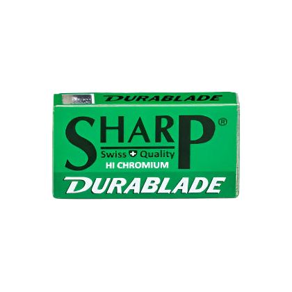 Sharp Durablade Hi Chromium double edge razor blades from Pasteur Pharmacy, showing a pack of 10 blades with shiny metal edges.