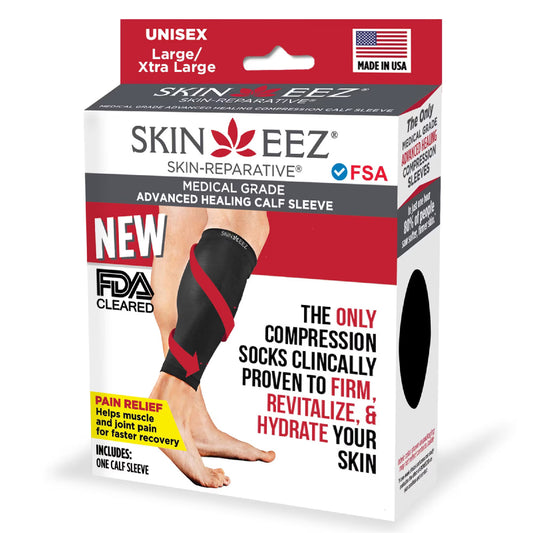Black Skineez knitted calf compression sleeve in large/extra-large size, designed for improved leg support and comfort.