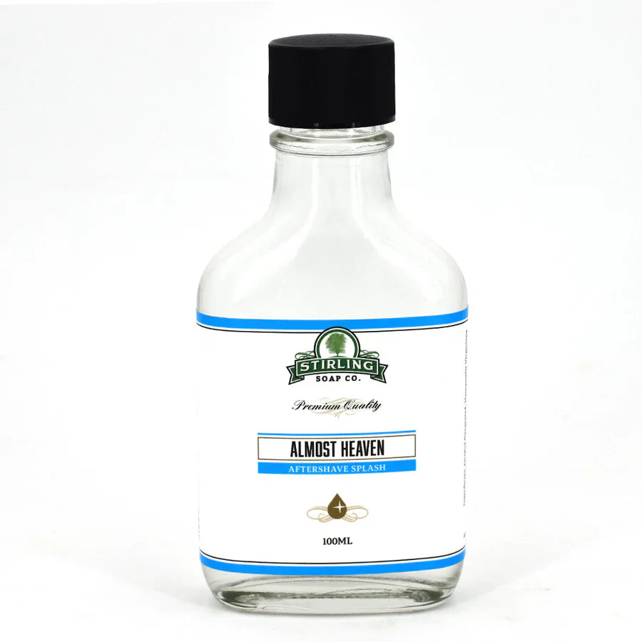 Stirling Soap Co. Almost Heaven after shave in 100ml bottle, with a sleek design and clear label, on a neutral background.