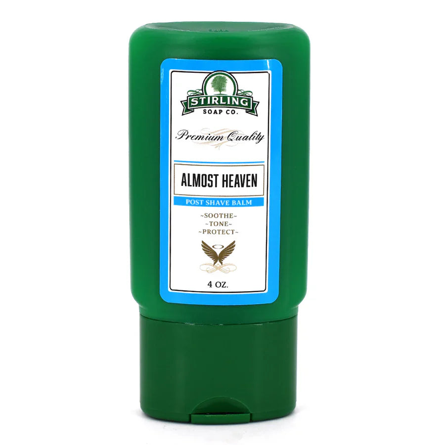 Stirling Soap Co. Almost Heaven Post Shave Balm in a 4 oz bottle, featuring smooth, soothing post-shave skincare.