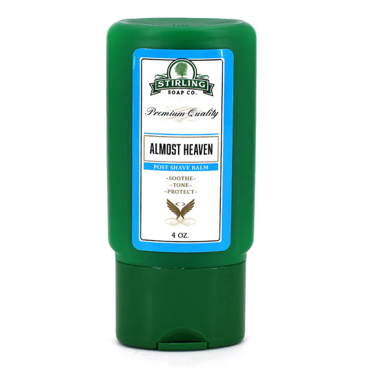 Stirling Soap Co. Almost Heaven Post Shave Balm in a 4 oz bottle, featuring smooth, soothing post-shave skincare.