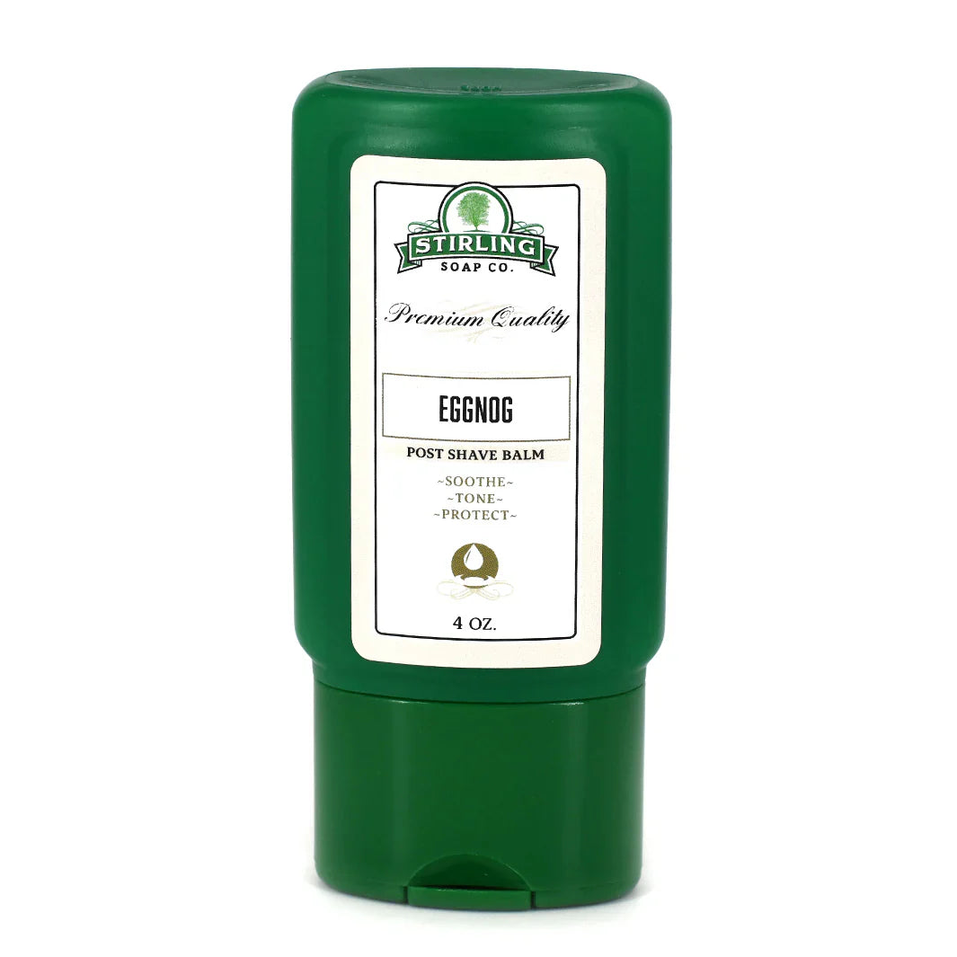 Stirling Soap Co. Eggnog Post Shave Balm 4 Oz in a white bottle with a label, designed for soothing post-shave skin.