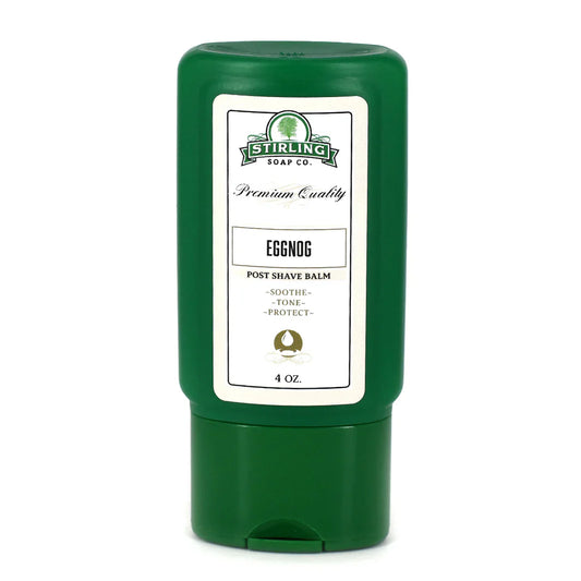Stirling Soap Co. Eggnog Post Shave Balm 4 Oz in a white bottle with a label, designed for soothing post-shave skin.