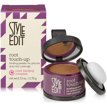 Black root touch-up spray by Style Edit, 0.13 oz, designed to seamlessly cover gray roots and blend with dark hair.
